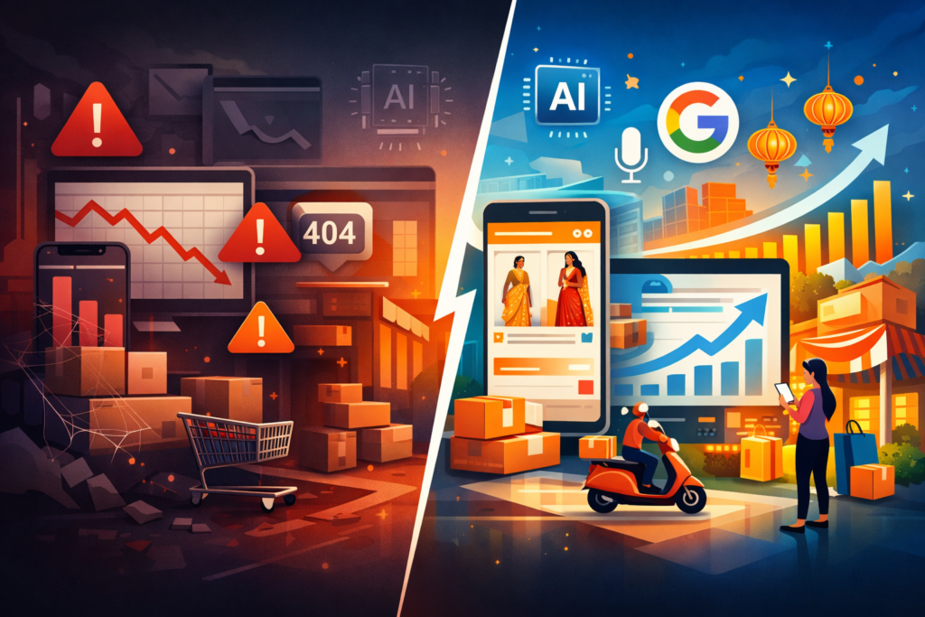 A modern, futuristic illustration representing critical SEO mistakes in Indian eCommerce, showing a split scene: on one side struggling online stores with broken search graphs, warning icons, low rankings, and fading visibility; on the other side successful Indian D2C brands with rising SEO charts, AI icons, Google and voice search symbols, mobile-first shopping visuals. Include subtle Indian context like smartphones, shopping carts, delivery boxes, festive colors. Clean professional style, minimal text-free design, AI search + generative SEO theme, 2026 future digital marketing look, high contrast, sharp details, premium tech illustration, blog featured image, 16:9 aspect ratio, ultra high resolution.
