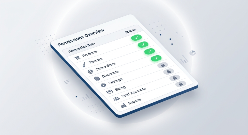 A Shopify permissions checklist showing safe access granted for products and themes, while sensitive settings remain locked.
