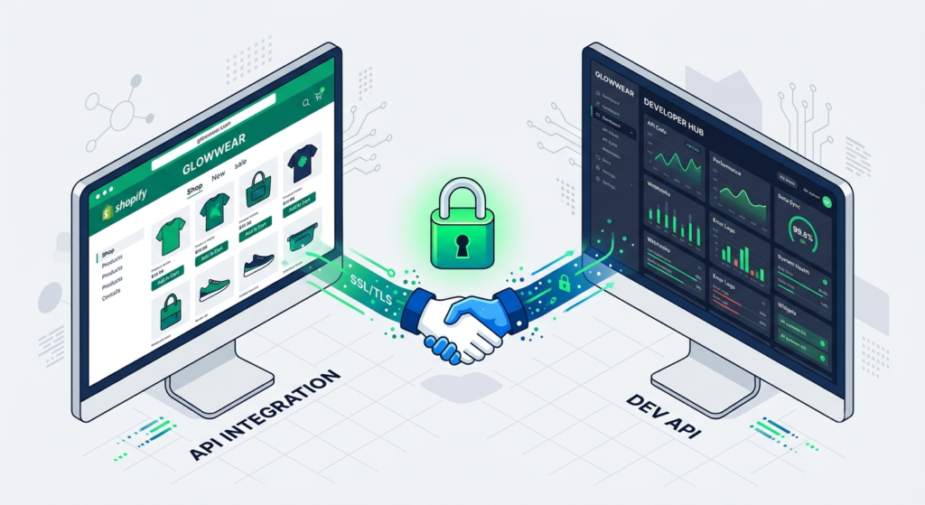 A conceptual illustration of a Shopify store owner securely connecting with a Shopify Partner via collaborator access.