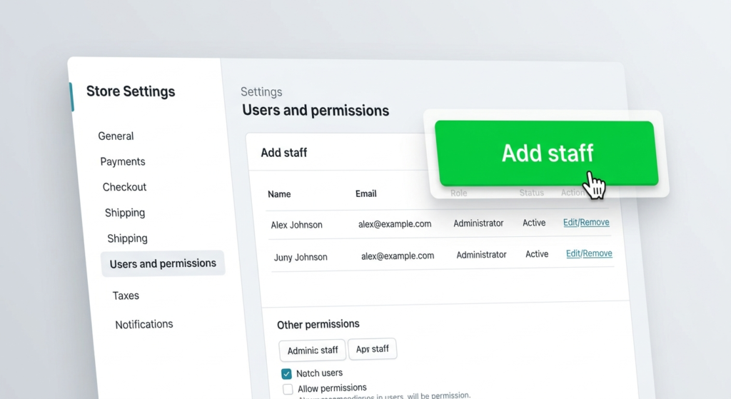 The Shopify admin dashboard highlighting the 'Users and permissions' menu and the 'Add staff' button.