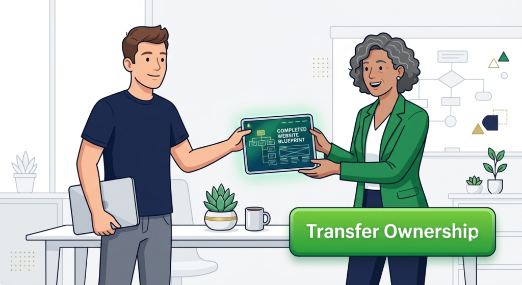 A visual representation of a Shopify Partner transferring ownership of a completed development store to the merchant.