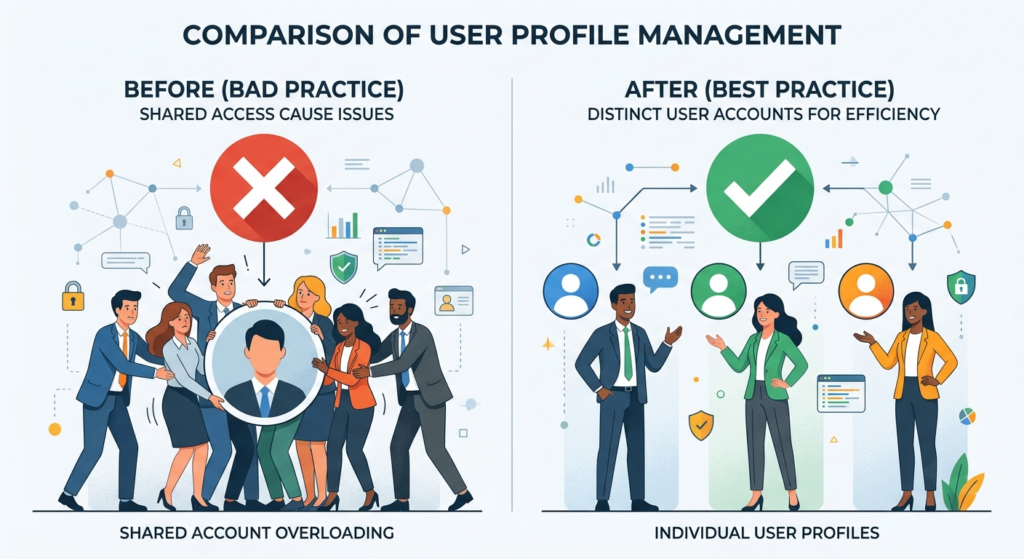 An infographic comparing the security risks of sharing a single Shopify login versus using individual, secure user accounts.